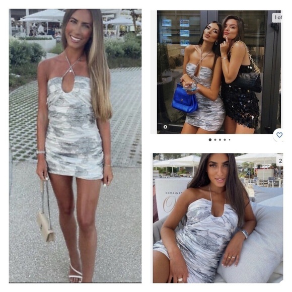 ZARA BLOGGER. FAVORITE Metallic Silver Floral Halter Neck Gathered Mini Dress M - Picture 1 of 9